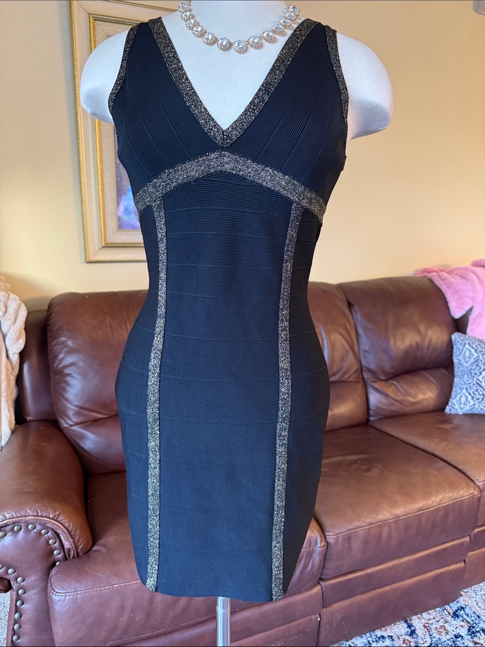 Guess Black Mini Dress with Metallic Gold Trim